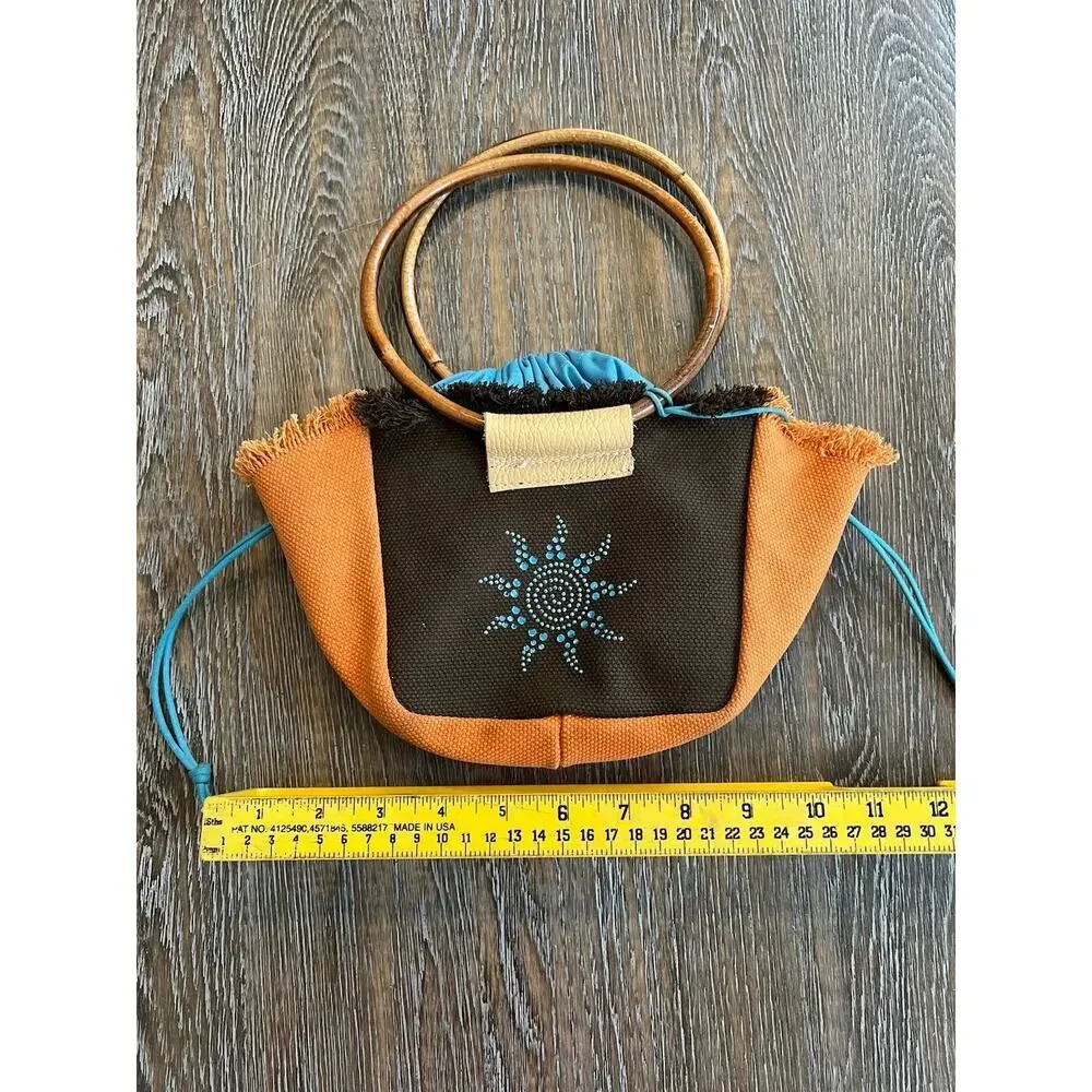 Vintage Canvas Handbag Purse Bag with Wooden Handles Rhinestones Orange Brown